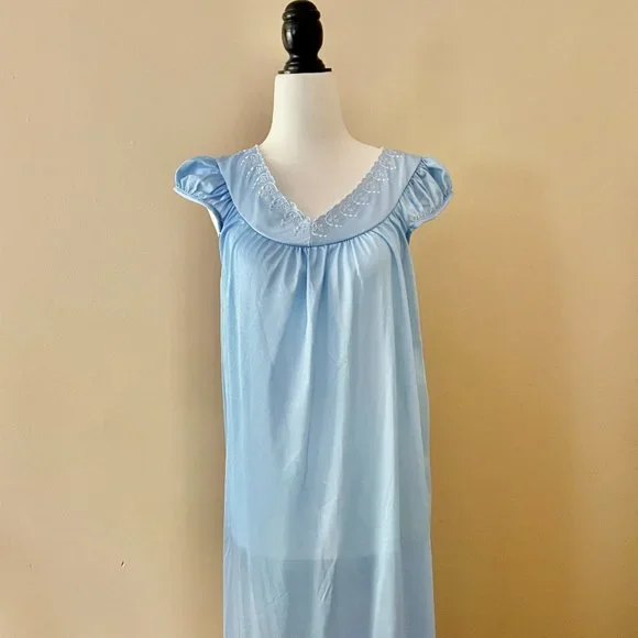 Vintage Nightgown Blue Nylon with Ruffled Cap Sleeves Medium - Picture 2 of 8